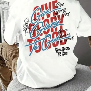 White Graphic T-Shirt with Red and Blue Text